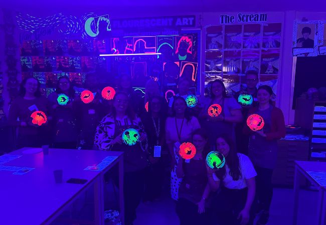 bright blue, illuminous art classroom